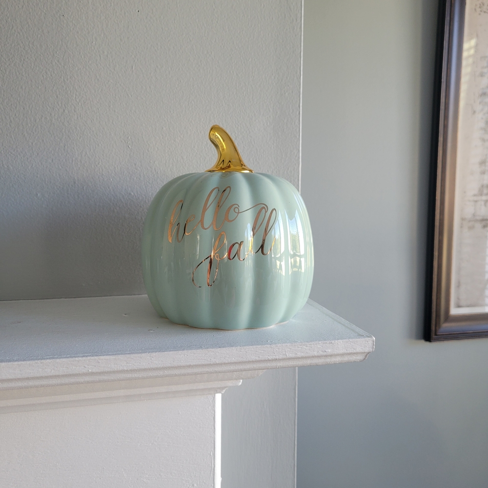 ANTHROPOLGIE Elegant Sage Rose Gold Ceramic Pumpkin Decor - Picture 2 of 6